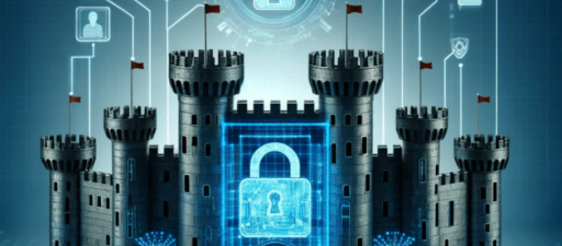 DALL·E-2024-01-10-13.10.45-A-conceptual-image-showcasing-Zero-Trust-security-featuring-a-digital-fortress-with-various-access-points-guarded-by-security-measures-like-biometric