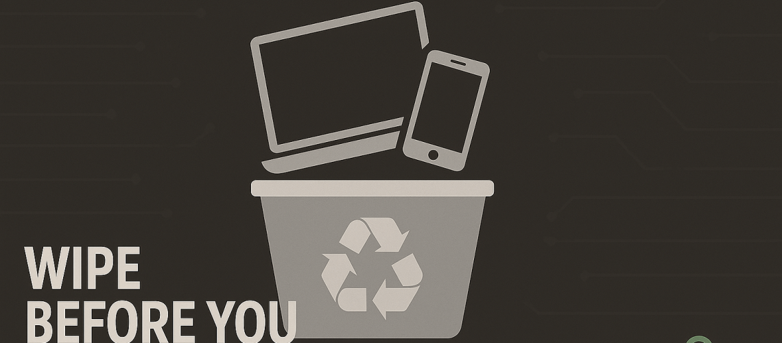 "Tech Tip Tuesday graphic showing wipe before you recycle message with laptop and phone in recycling bin"
